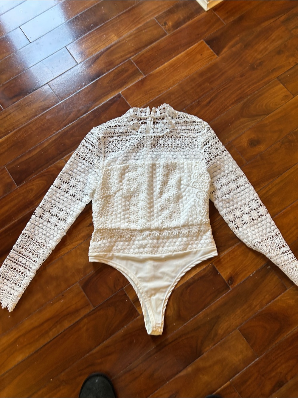 White Lace Long-Sleeve Bodysuit with High Neck